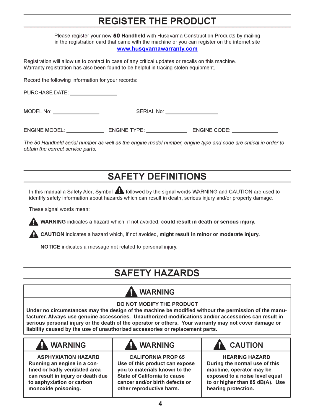 Husqvarna 50 manual Register the Product, Safety Definitions, Safety Hazards 