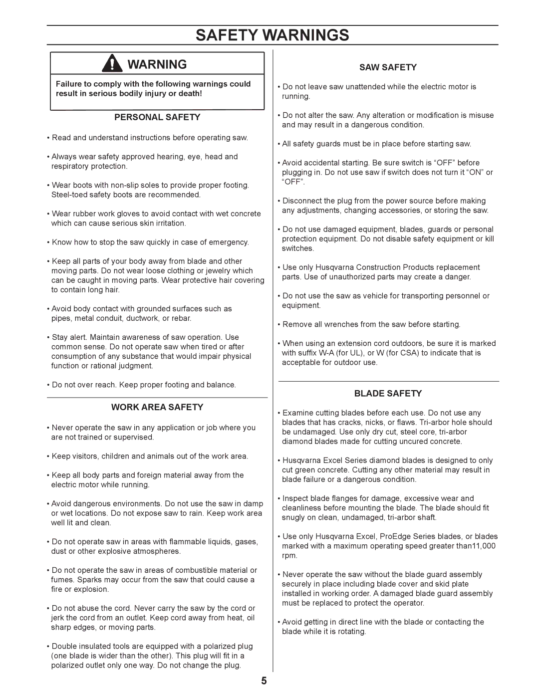 Husqvarna 50 manual Safety Warnings, Personal Safety 