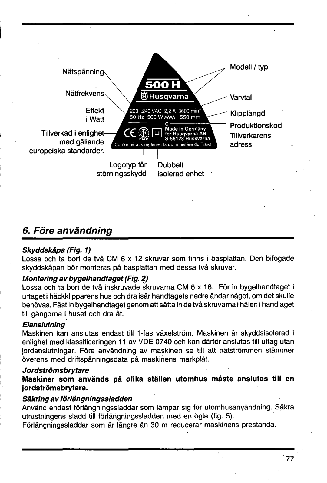 Husqvarna 500 H manual 