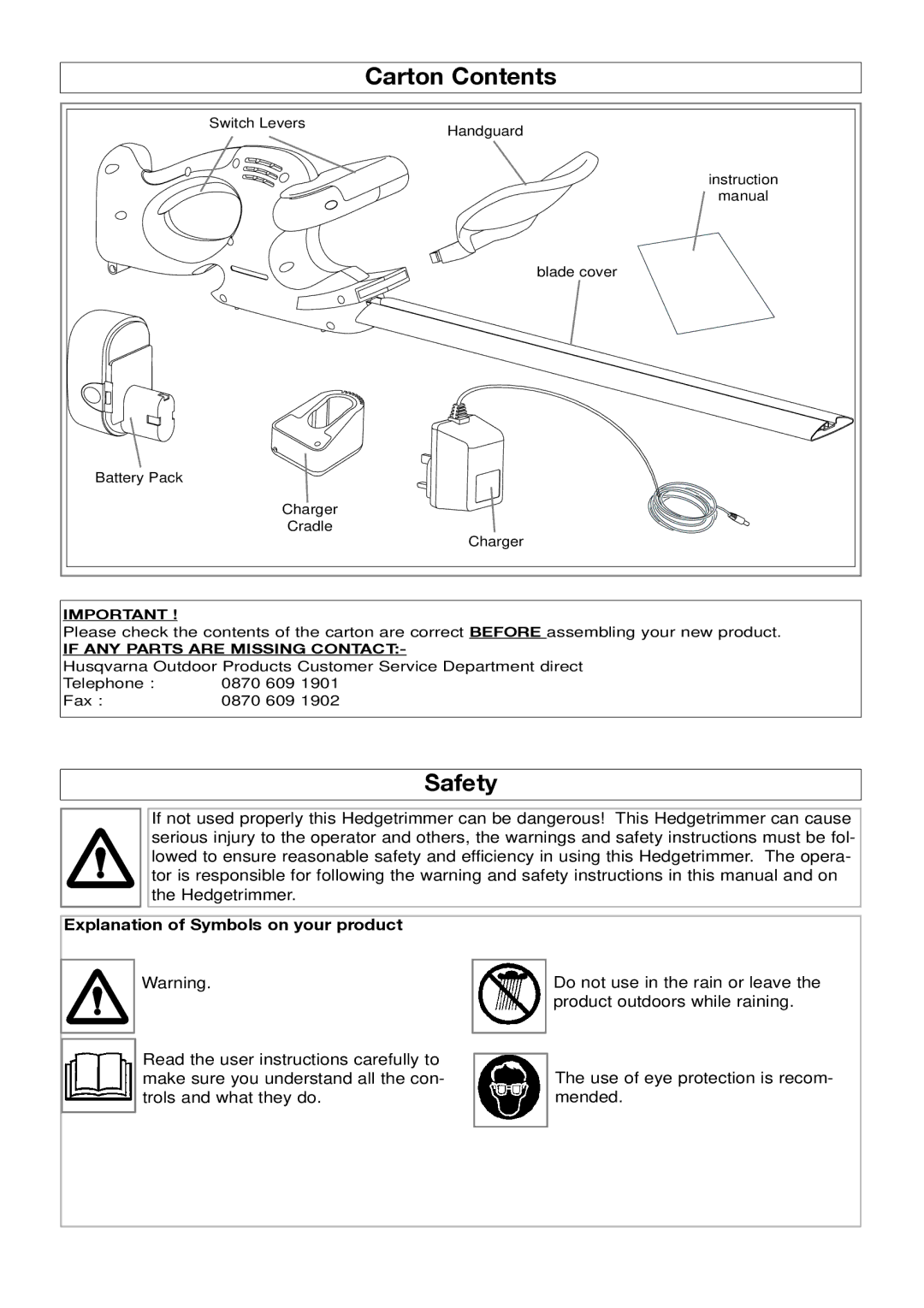 Husqvarna 500CT manual Carton Contents, Safety 