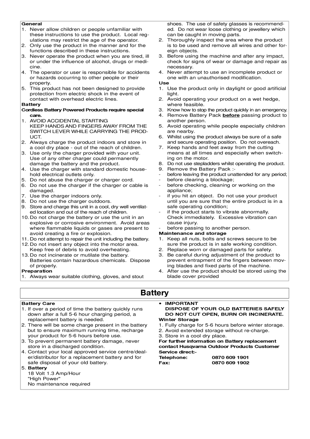 Husqvarna 500CT manual Battery, General 