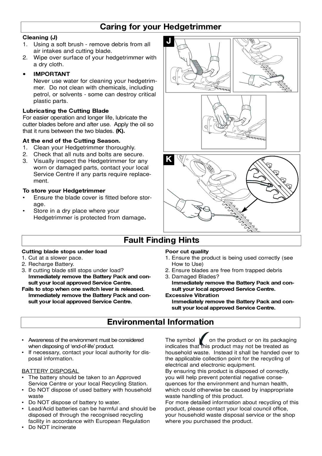 Husqvarna 500CT manual Caring for your Hedgetrimmer, Fault Finding Hints, Environmental Information 