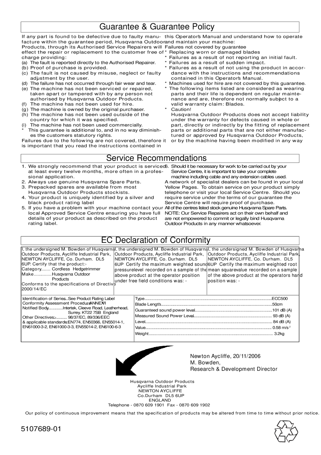 Husqvarna 500CT manual Guarantee & Guarantee Policy, Service Recommendations, EC Declaration of Conformity 