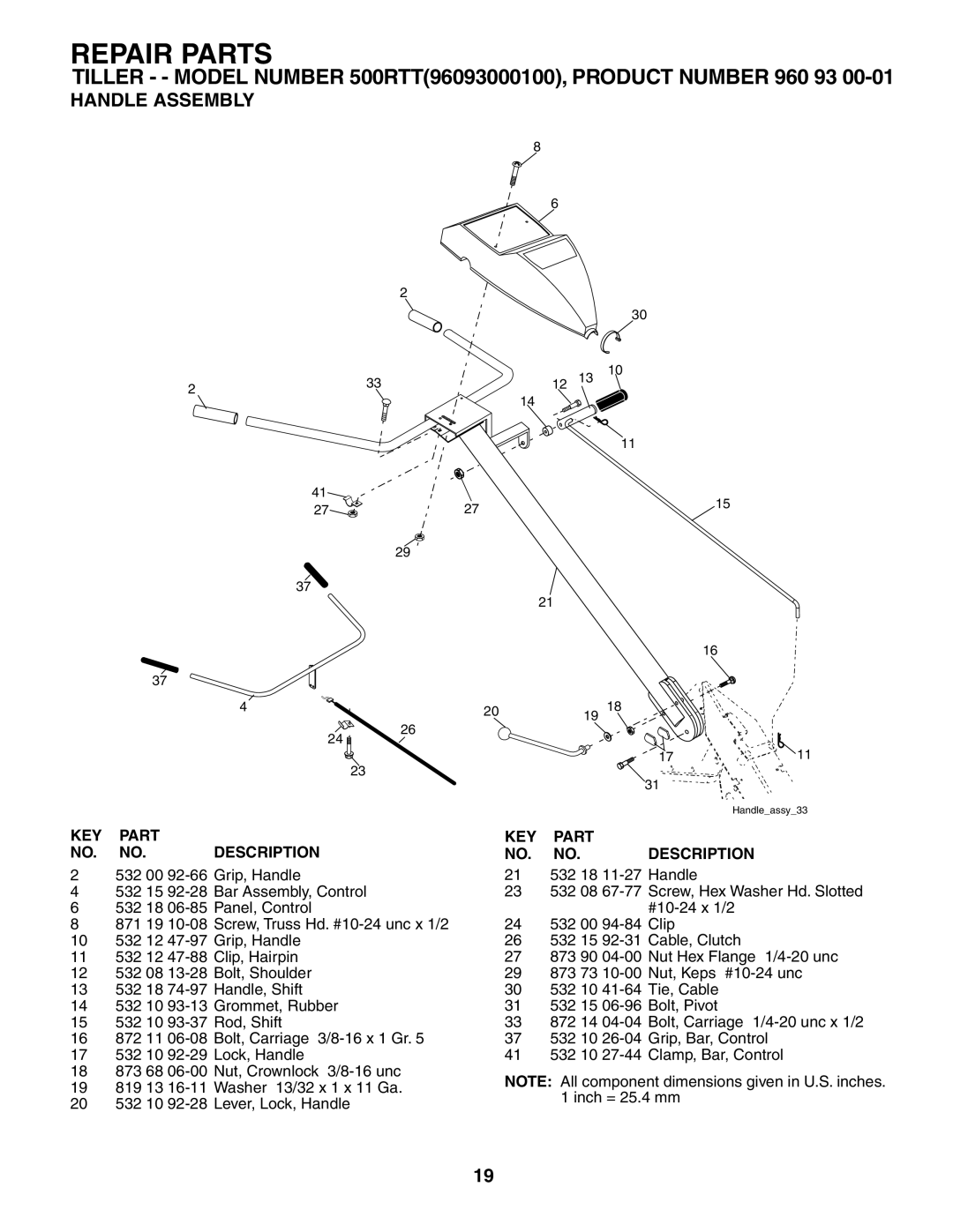 Husqvarna 500RTT owner manual Repair Parts, Handle Assembly 