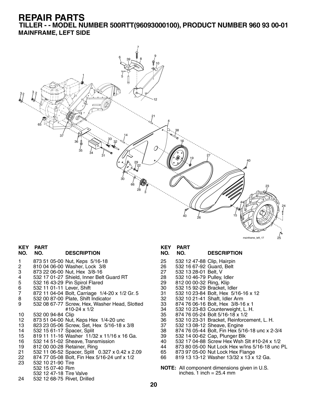 Husqvarna 500RTT owner manual MAINFRAME, Left Side, KEY Part Description 