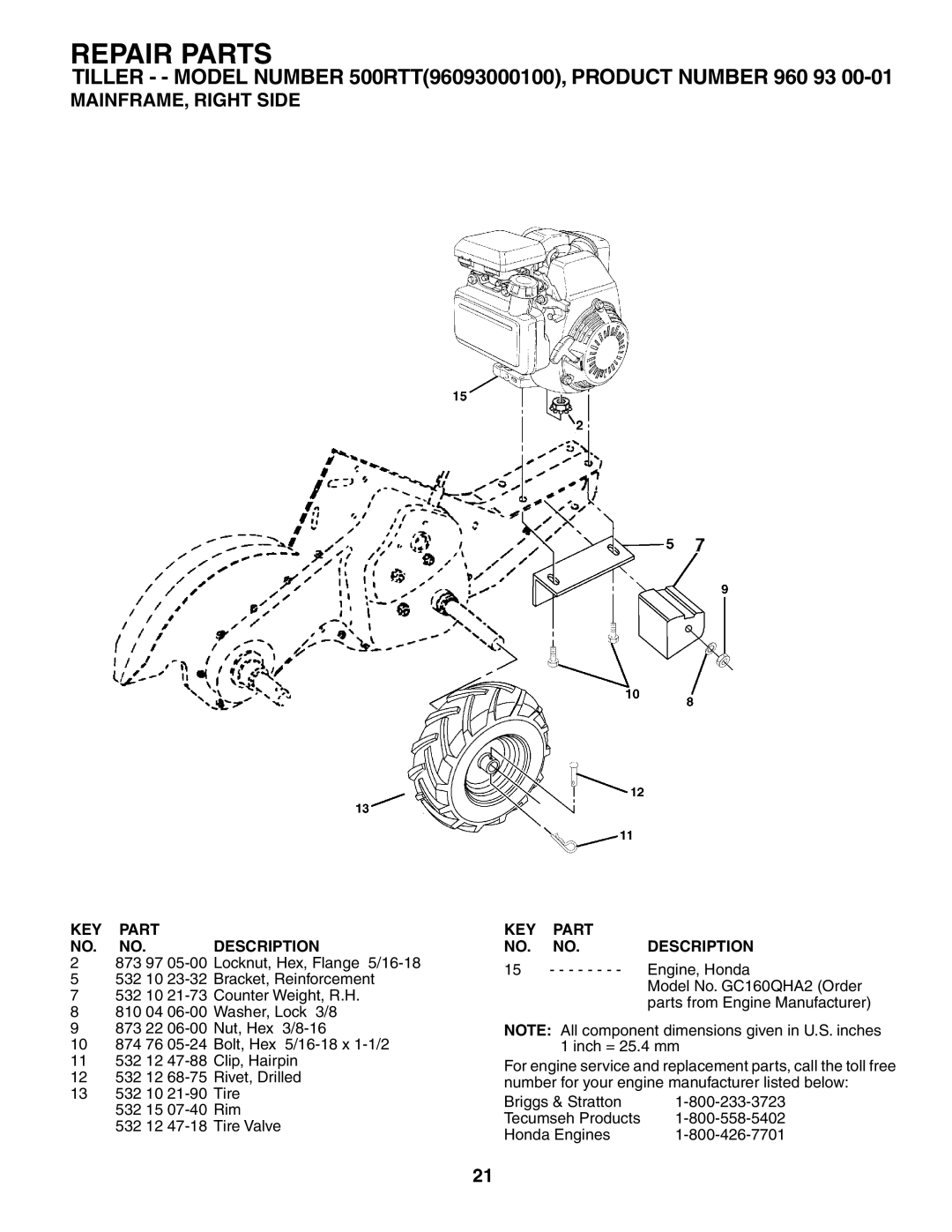 Husqvarna 500RTT owner manual MAINFRAME, Right Side, Parts from Engine Manufacturer 