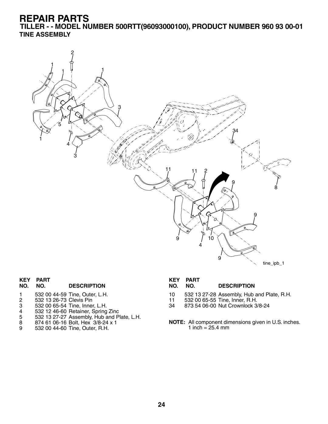 Husqvarna 500RTT owner manual Tine Assembly 