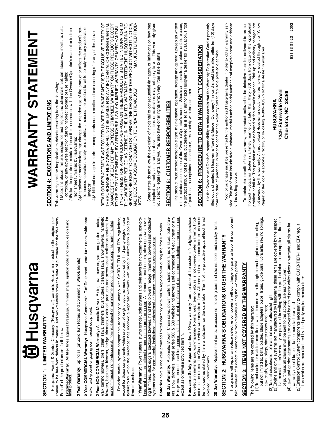 Husqvarna 500RTT owner manual Warranty Statement 