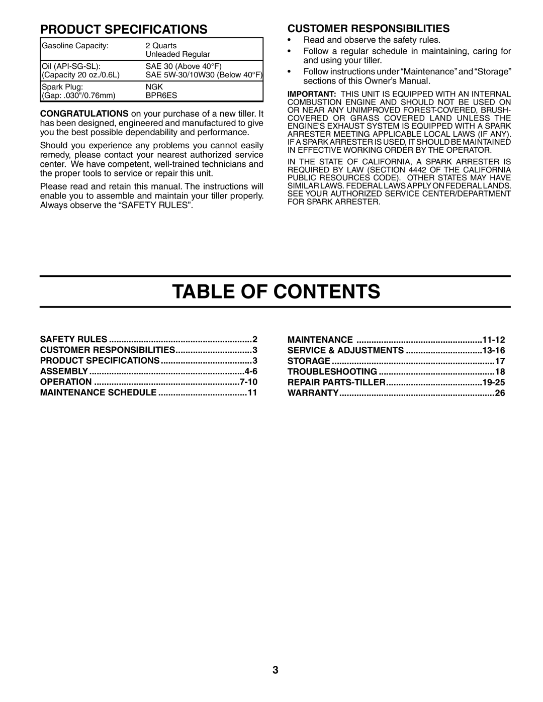 Husqvarna 500RTT owner manual Table of Contents 