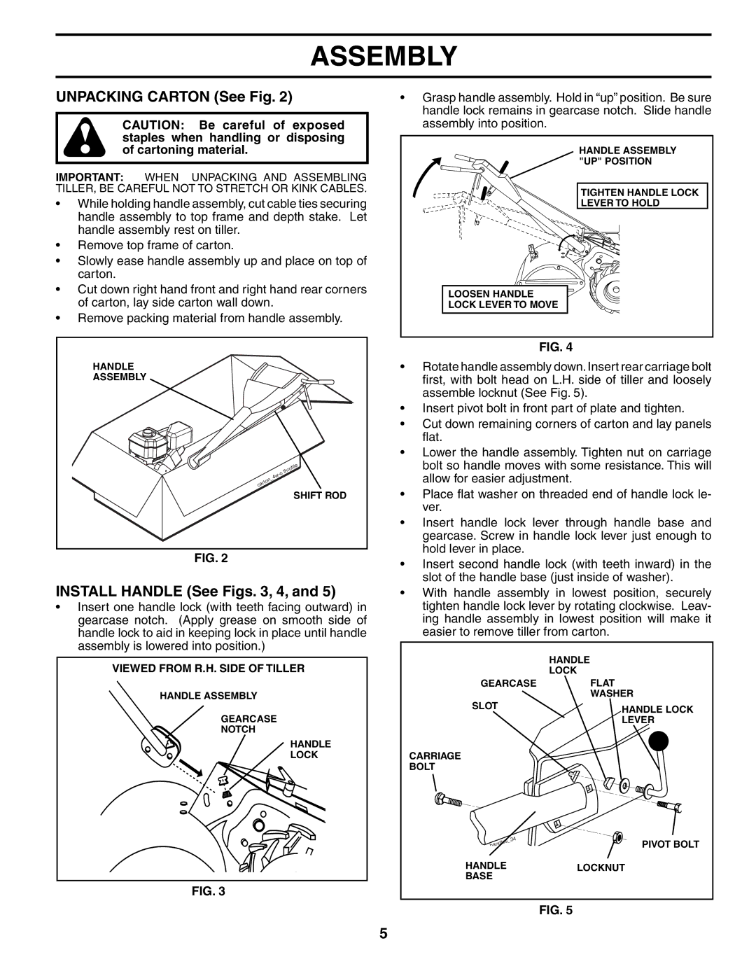 Husqvarna 500RTT owner manual Unpacking Carton See Fig, Install Handle See Figs , 4 