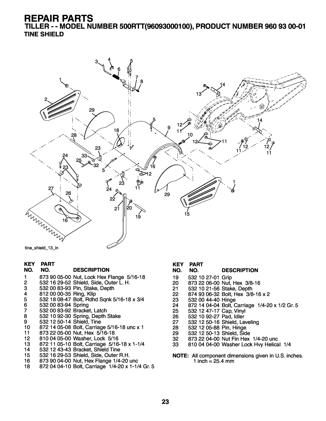 Husqvarna 500RTT owner manual Tine Shield, Repair Parts, Key Part No. No. Description 