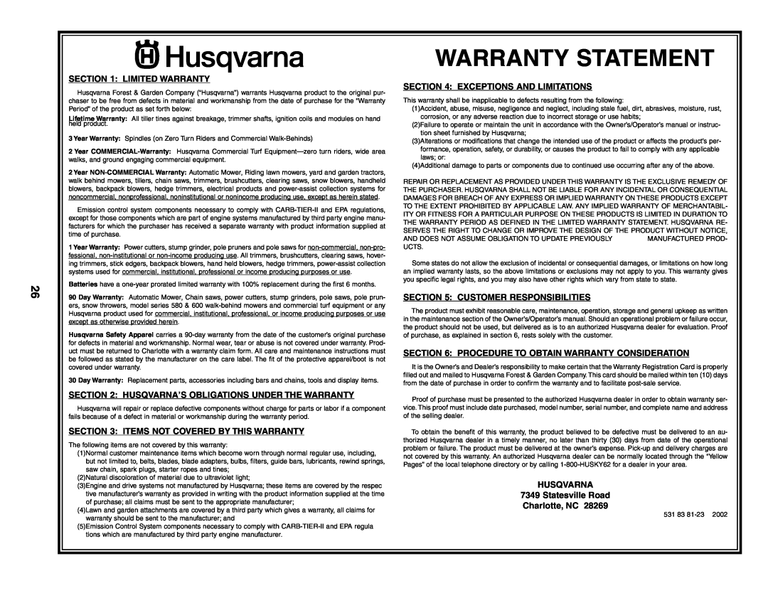 Husqvarna 500RTT Warranty Statement, Limited Warranty, Items Not Covered By This Warranty, Exceptions And Limitations 