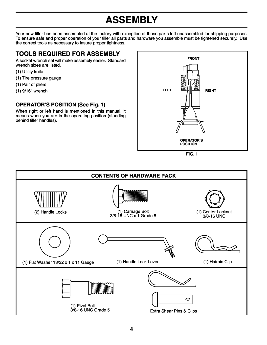 Husqvarna 500RTT owner manual Tools Required For Assembly, OPERATOR’S POSITION See Fig, Contents Of Hardware Pack 
