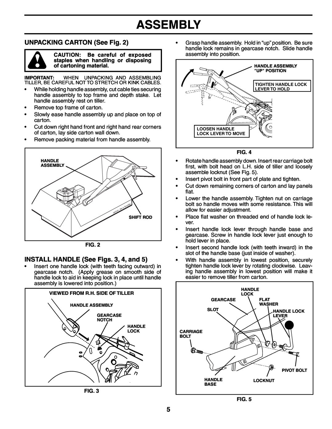 Husqvarna 500RTT owner manual UNPACKING CARTON See Fig, INSTALL HANDLE See Figs. 3, 4, and, Assembly 
