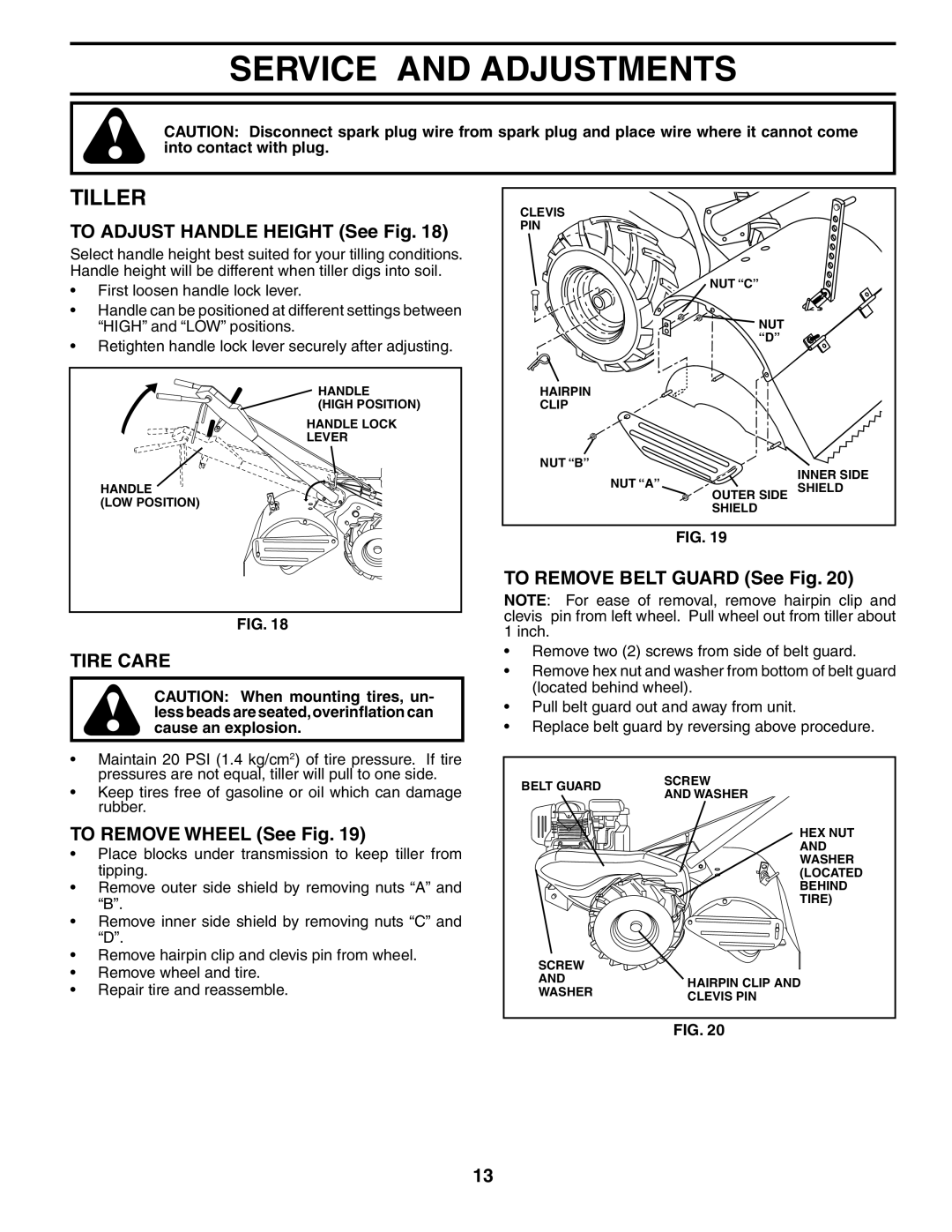 Husqvarna 500RTTA owner manual Service and Adjustments, Tiller, Tire Care 