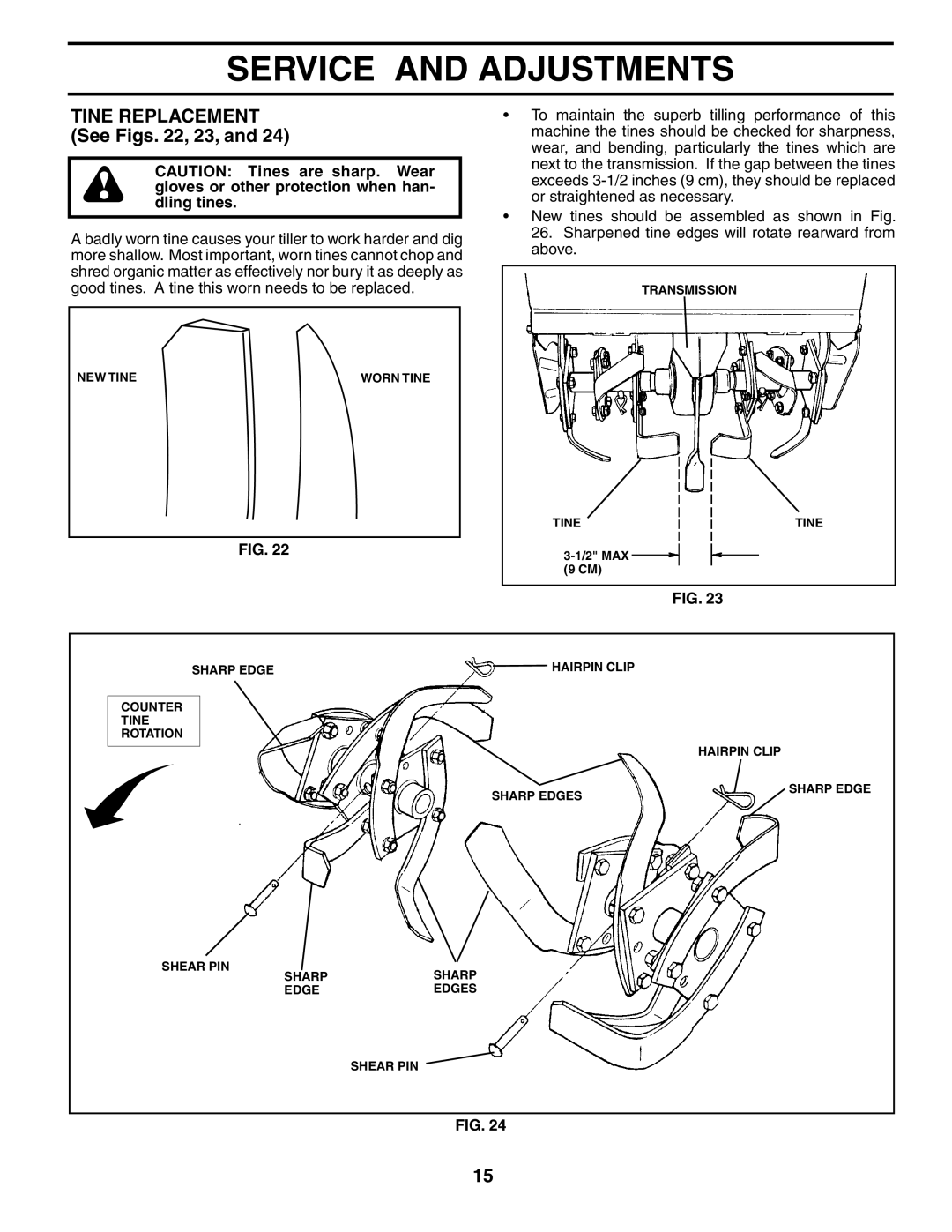 Husqvarna 500RTTA owner manual Tine Replacement See Figs , 23 