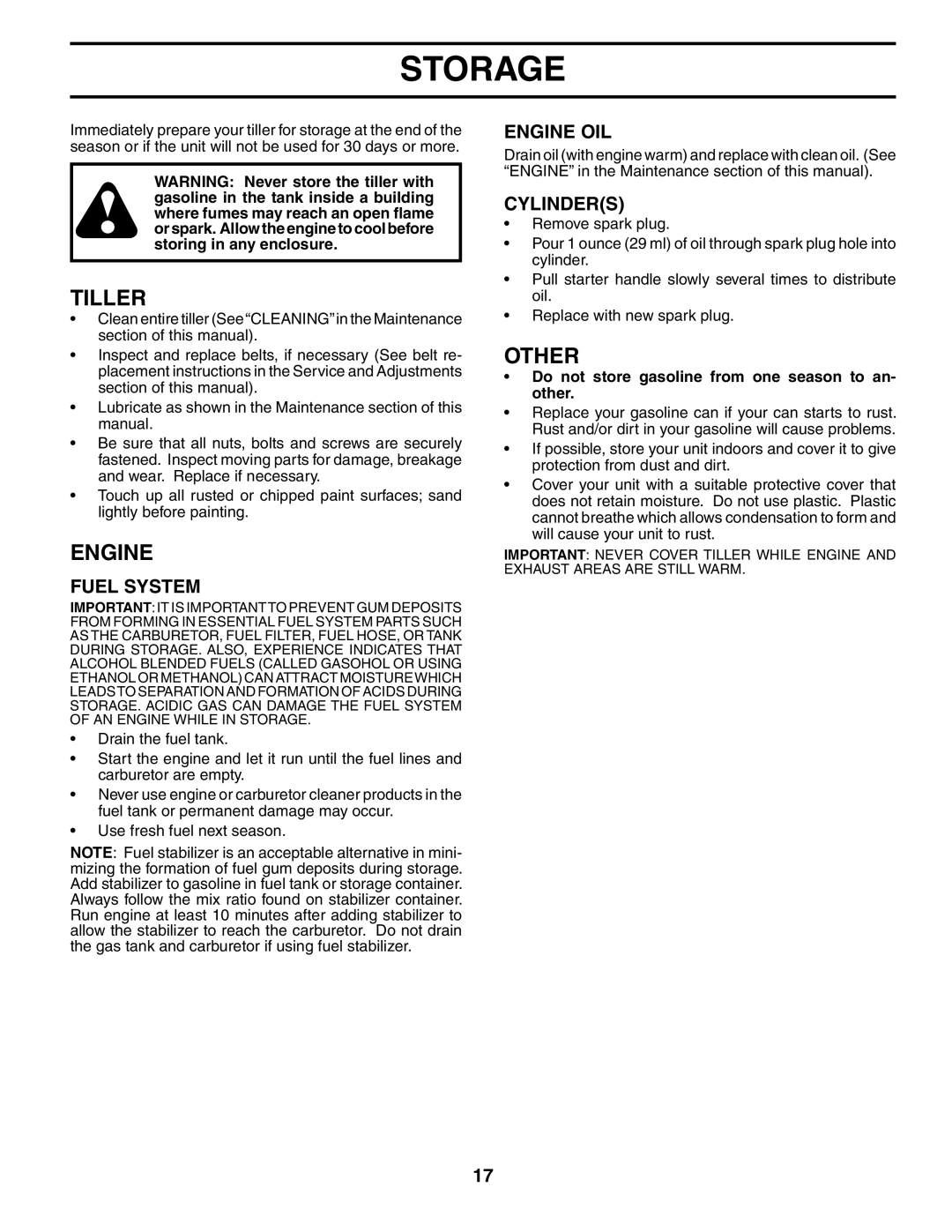 Husqvarna 500RTTA owner manual Storage, Other, Fuel System, Engine OIL, Cylinders 