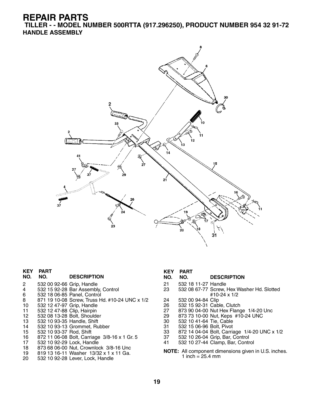 Husqvarna 500RTTA owner manual Repair Parts, Handle Assembly 