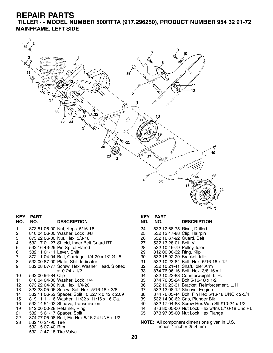 Husqvarna 500RTTA owner manual MAINFRAME, Left Side, KEY Part Description 