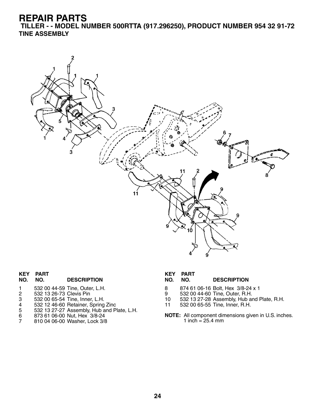 Husqvarna 500RTTA owner manual Tine Assembly 