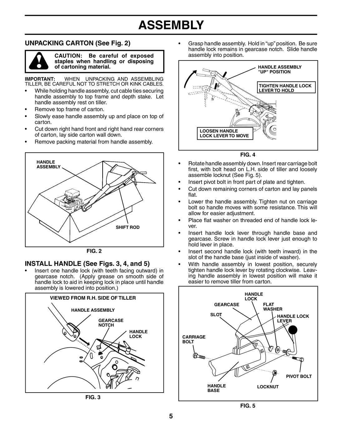 Husqvarna 500RTTA owner manual Unpacking Carton See Fig, Install Handle See Figs , 4 