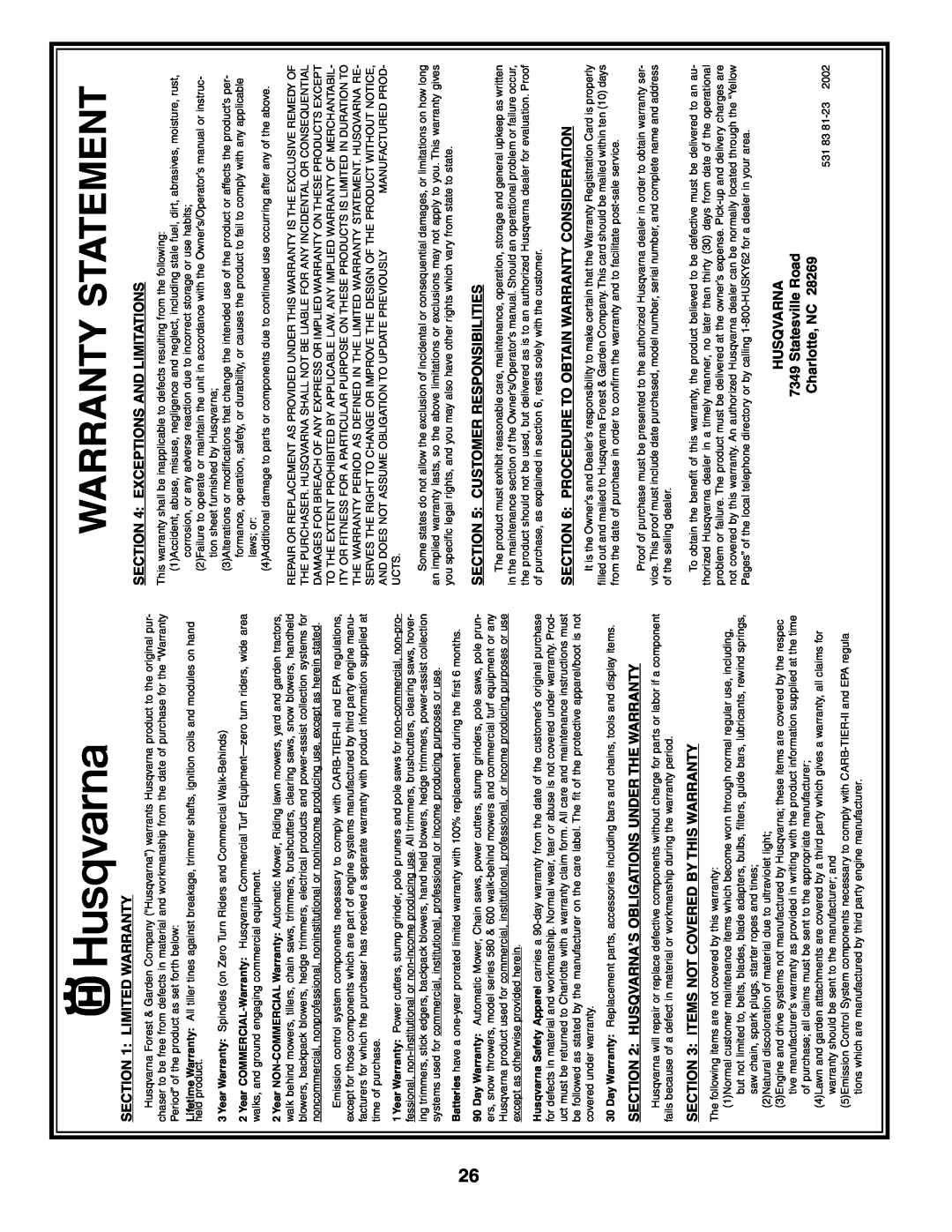 Husqvarna 500RTTA owner manual Warranty Statement, Limited Warranty, Husqvarna’S Obligations Under The Warranty 
