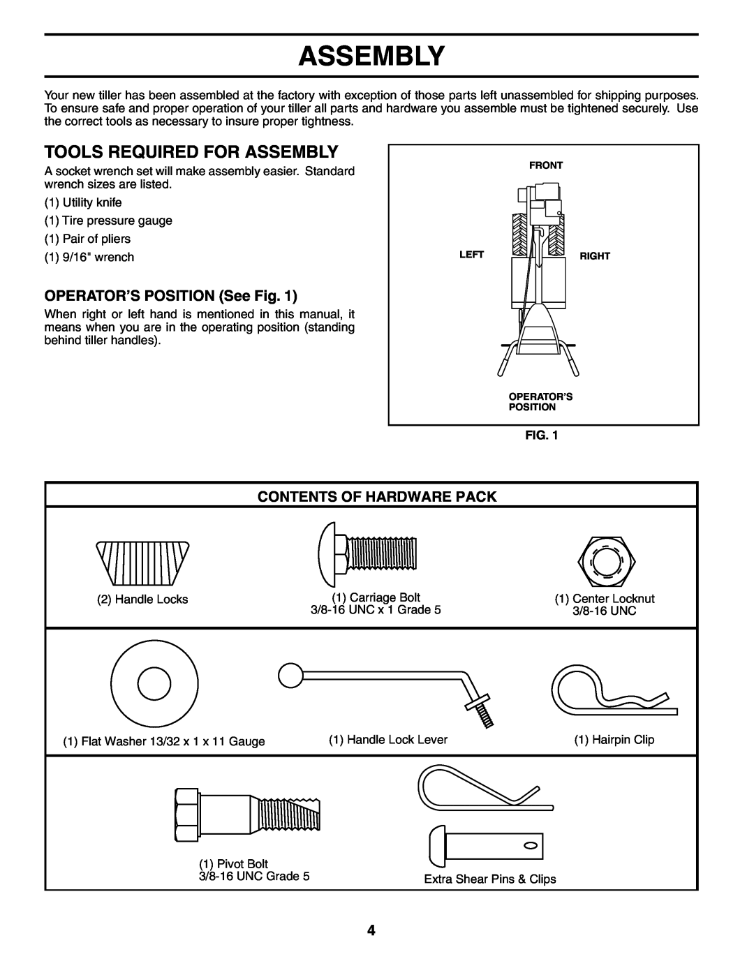 Husqvarna 500RTTA owner manual Tools Required For Assembly, OPERATOR’S POSITION See Fig, Contents Of Hardware Pack 