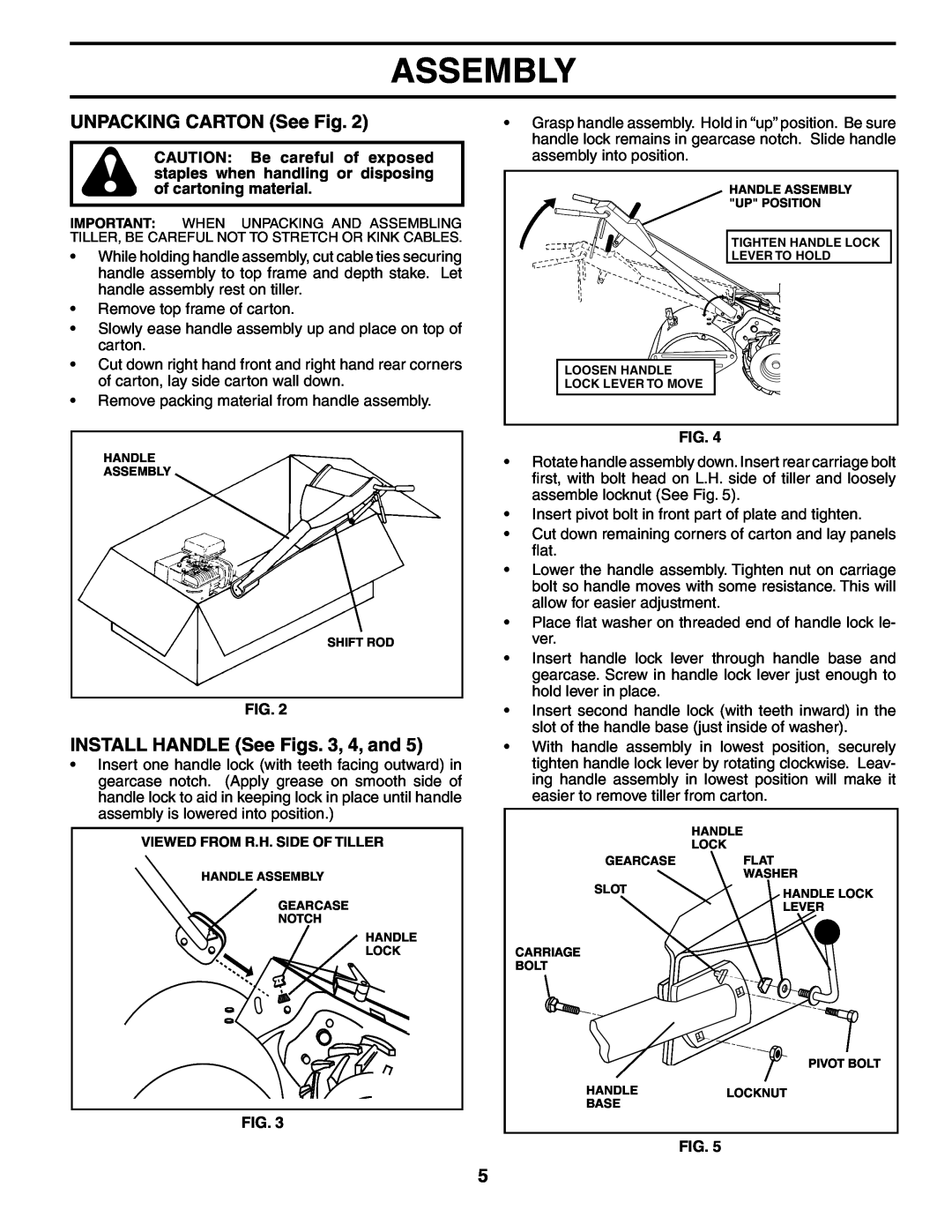 Husqvarna 500RTTA owner manual UNPACKING CARTON See Fig, INSTALL HANDLE See Figs. 3, 4, and, Assembly 