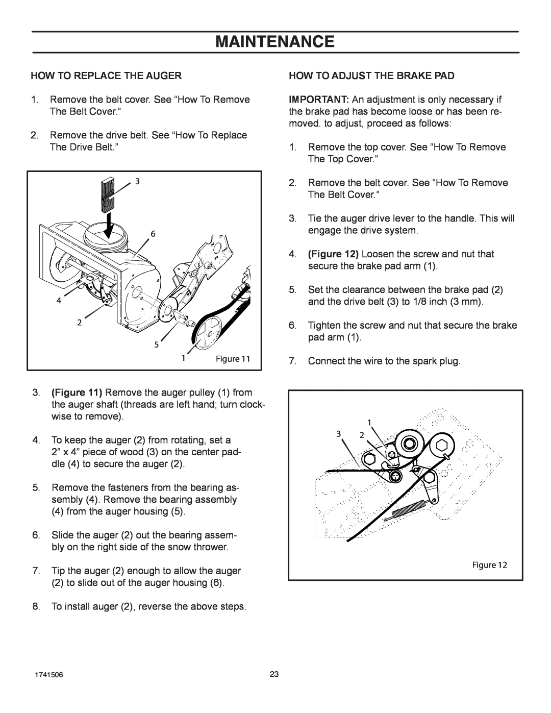 Husqvarna 5021 E, 5021 R manual Maintenance, How To Replace The Auger, How To Adjust The Brake Pad 