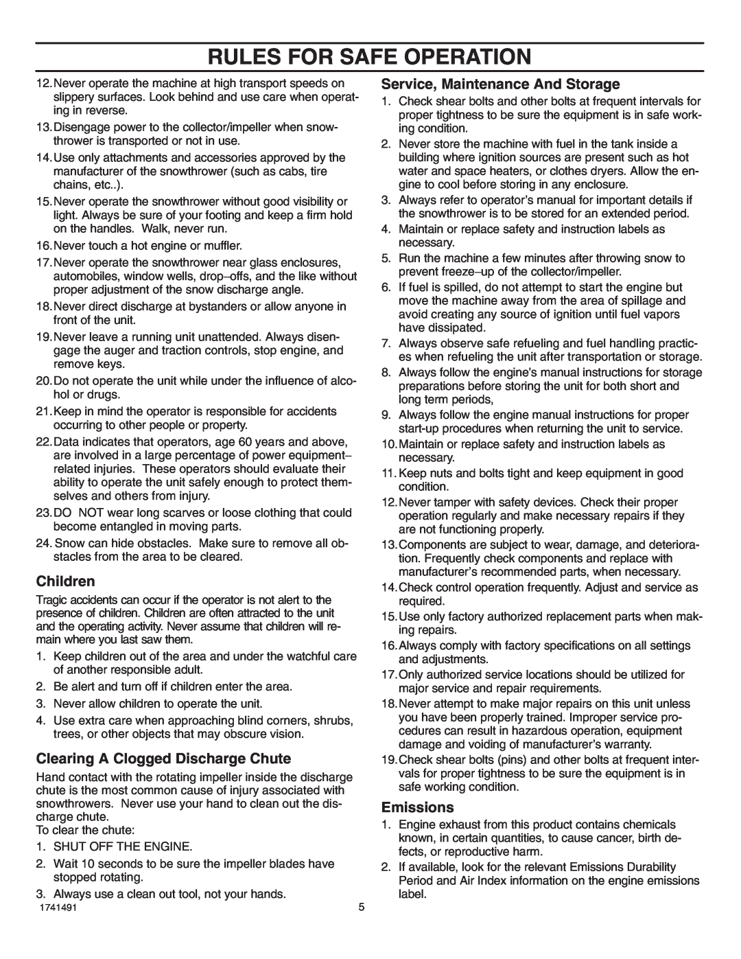 Husqvarna 5021 E Rules For Safe Operation, Children, Clearing A Clogged Discharge Chute, Service, Maintenance And Storage 