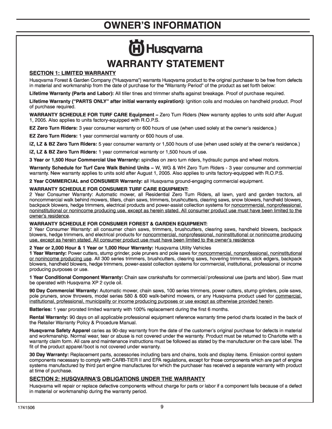 Husqvarna 5021 E Owner’S Information, Warranty Statement, Limited Warranty, Husqvarna’S Obligations Under The Warranty 