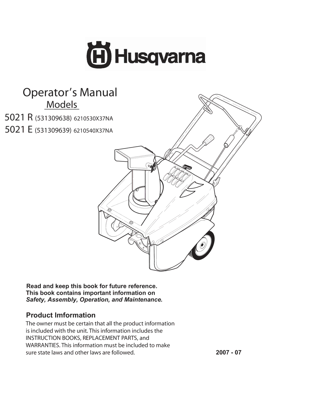 Husqvarna 5021 E, 5021 R manual Operator’s Manual 