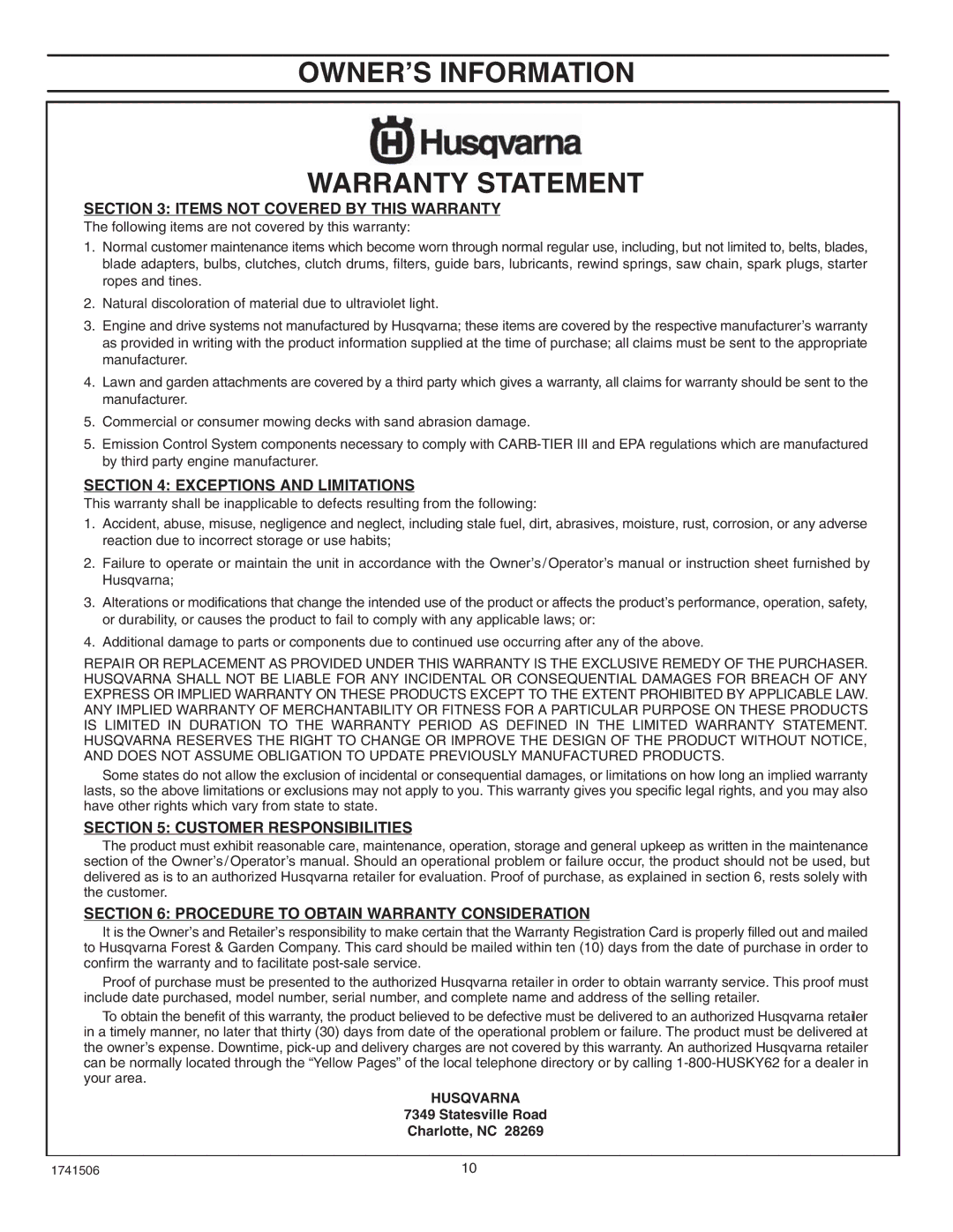 Husqvarna 5021 R, 5021 E manual Items not Covered by this Warranty 