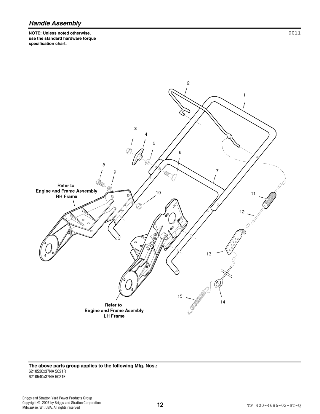 Husqvarna 5021 E, 5021 R manual Handle Assembly, 0011 