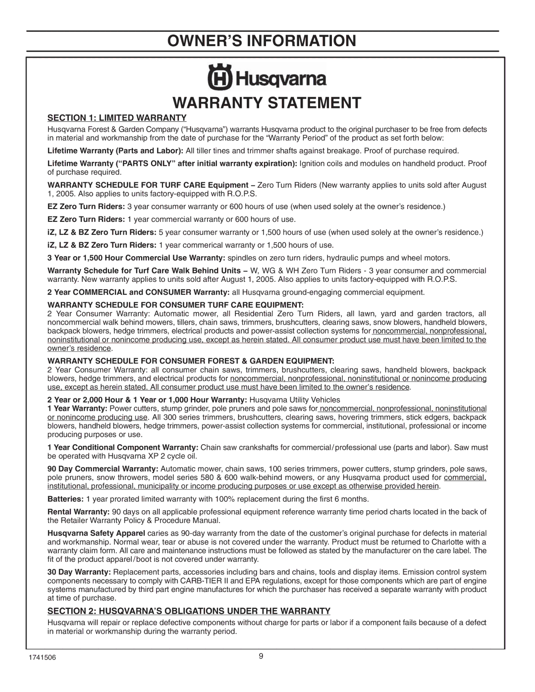 Husqvarna 5021 E, 5021 R manual OWNER’S Information Warranty Statement, Limited Warranty 