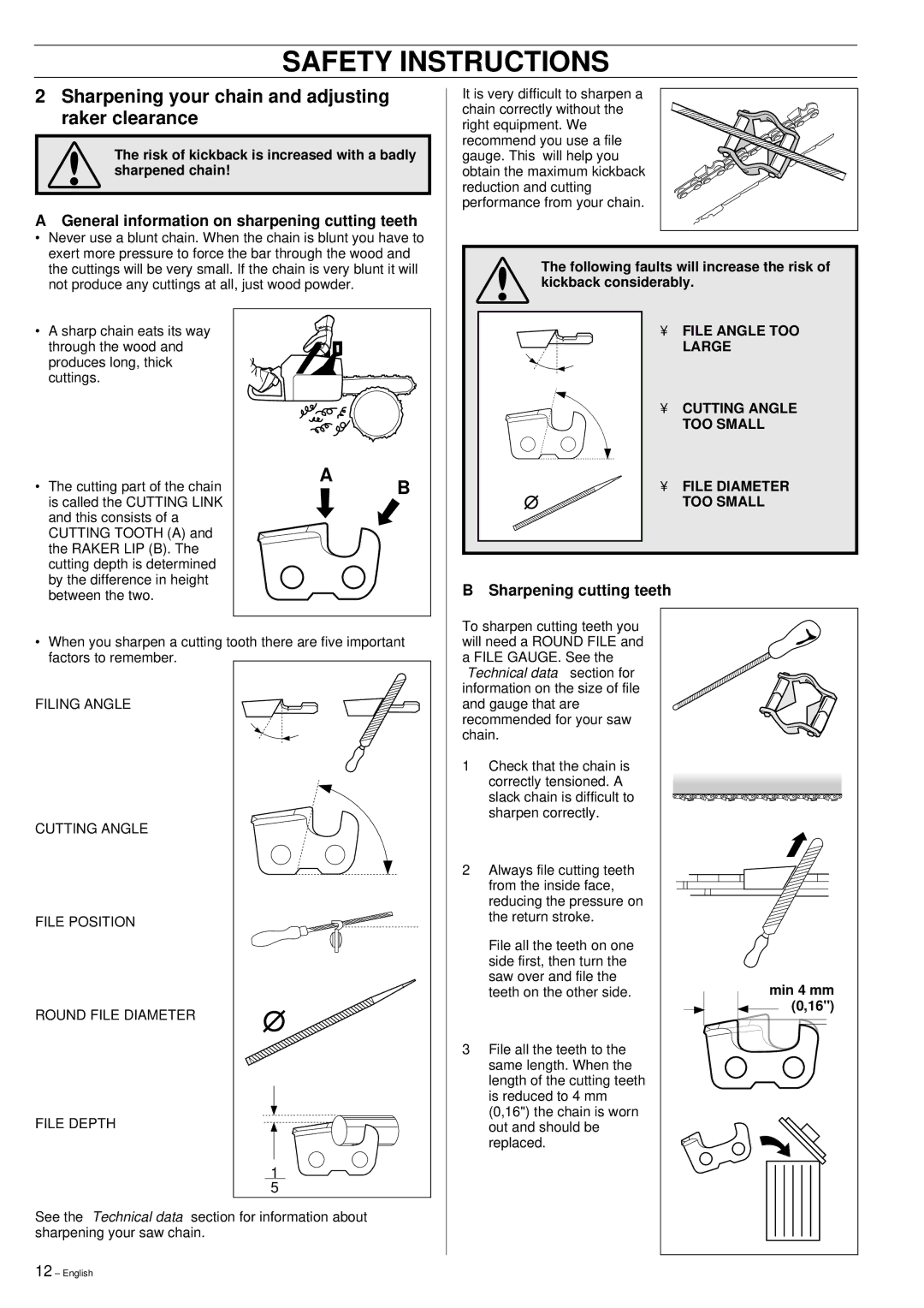 Husqvarna 51 manual Sharpening your chain and adjusting raker clearance, General information on sharpening cutting teeth 