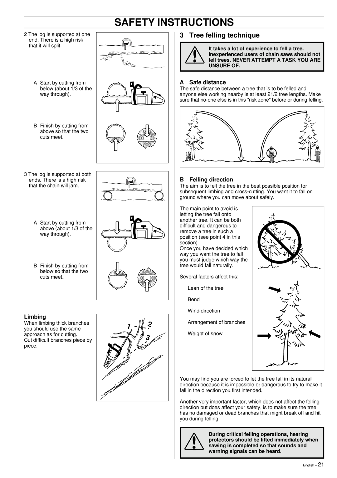 Husqvarna 51 manual Tree felling technique, Safe distance, Limbing, Felling direction 