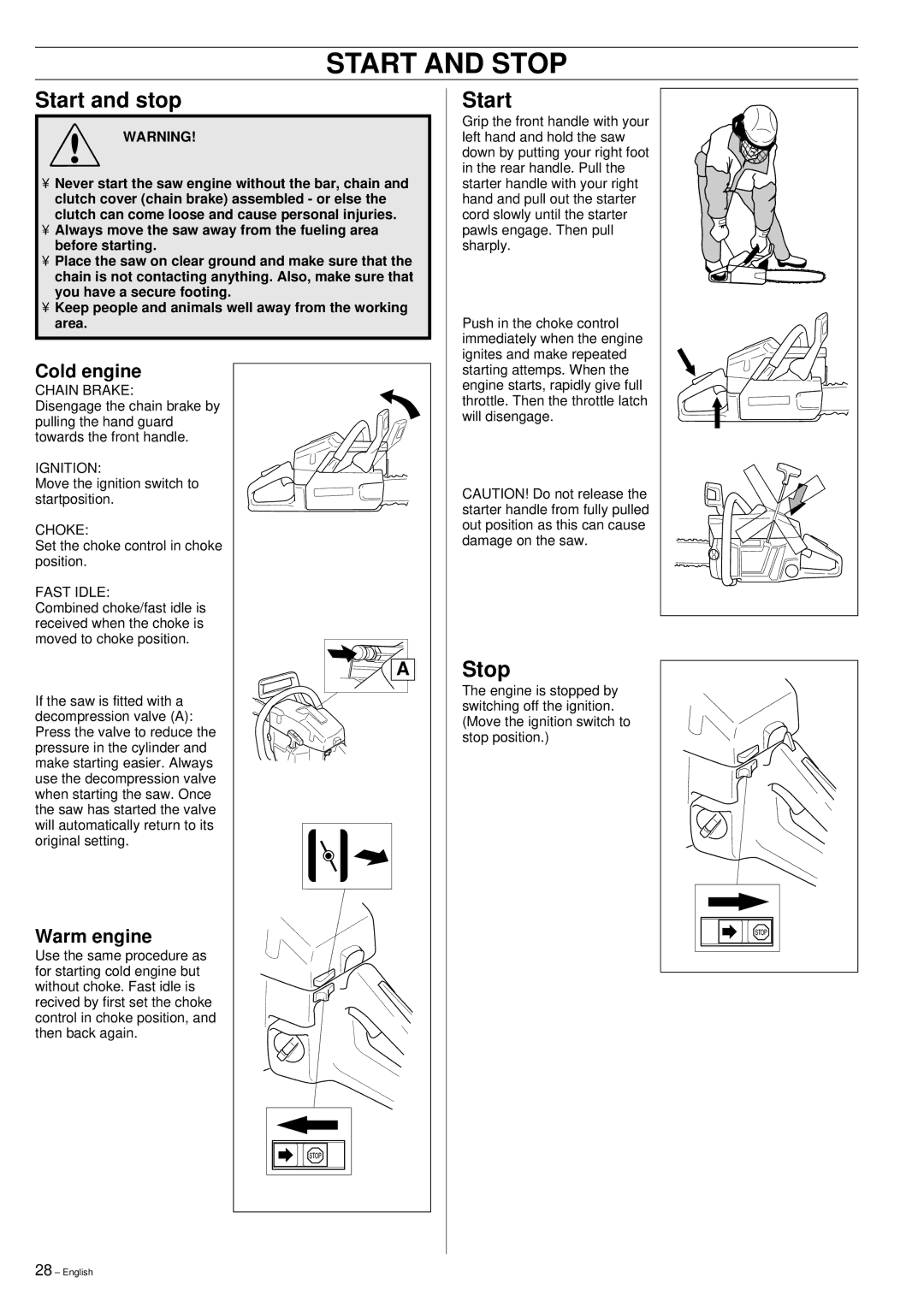 Husqvarna 51 manual Start and Stop, Cold engine, Warm engine 