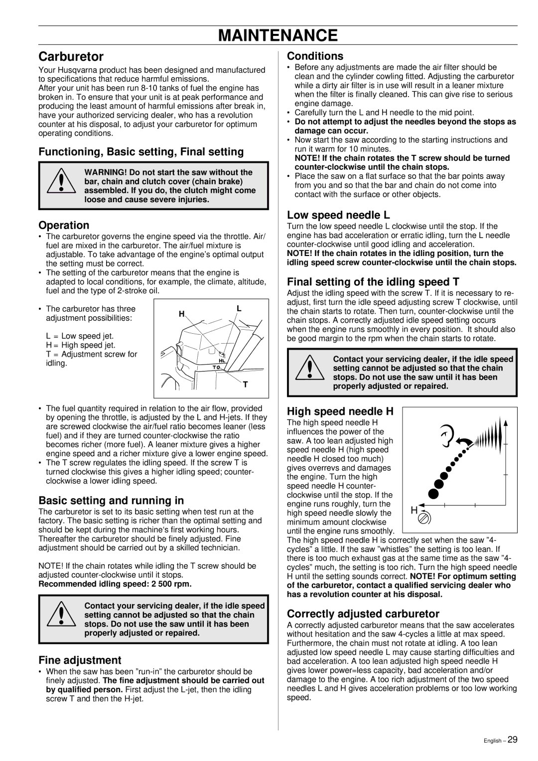 Husqvarna 51 manual Maintenance, Carburetor 