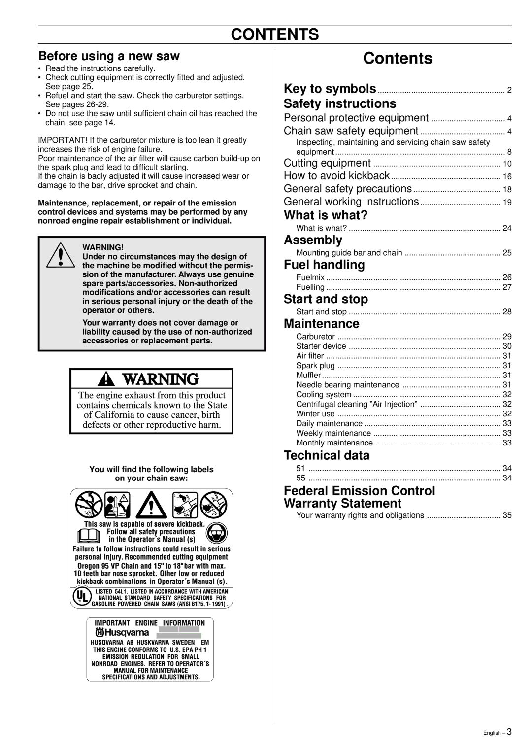 Husqvarna 51 manual Contents 