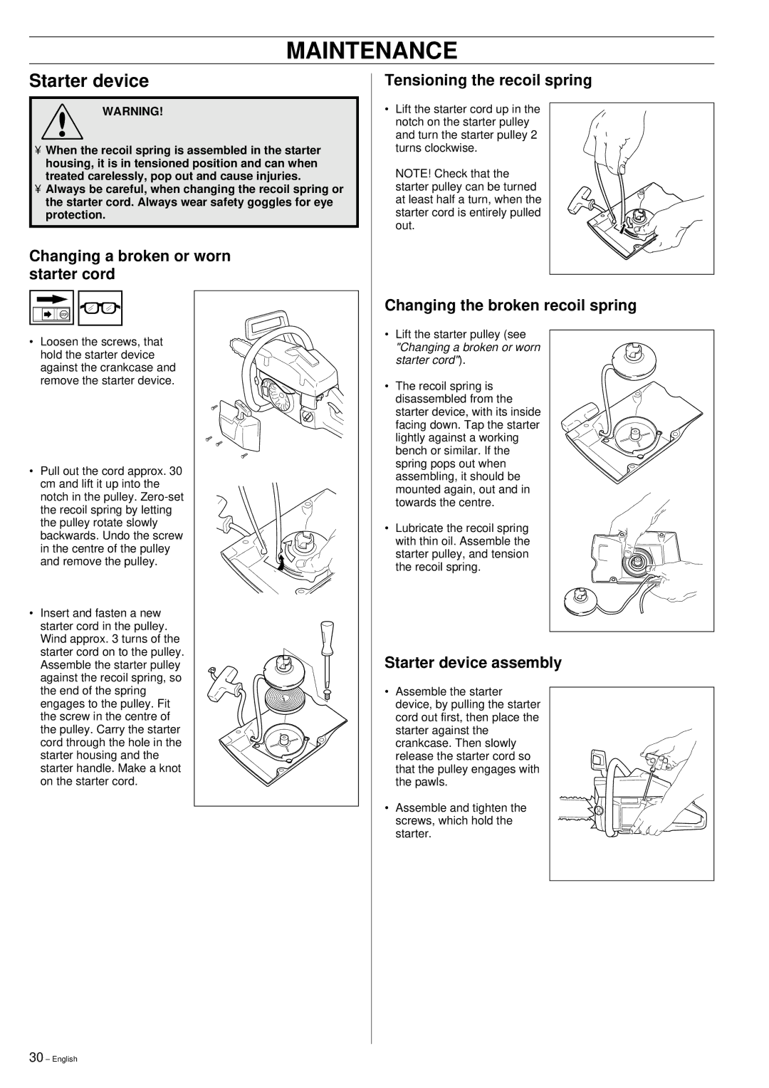 Husqvarna 51 manual Changing a broken or worn starter cord, Tensioning the recoil spring, Starter device assembly 