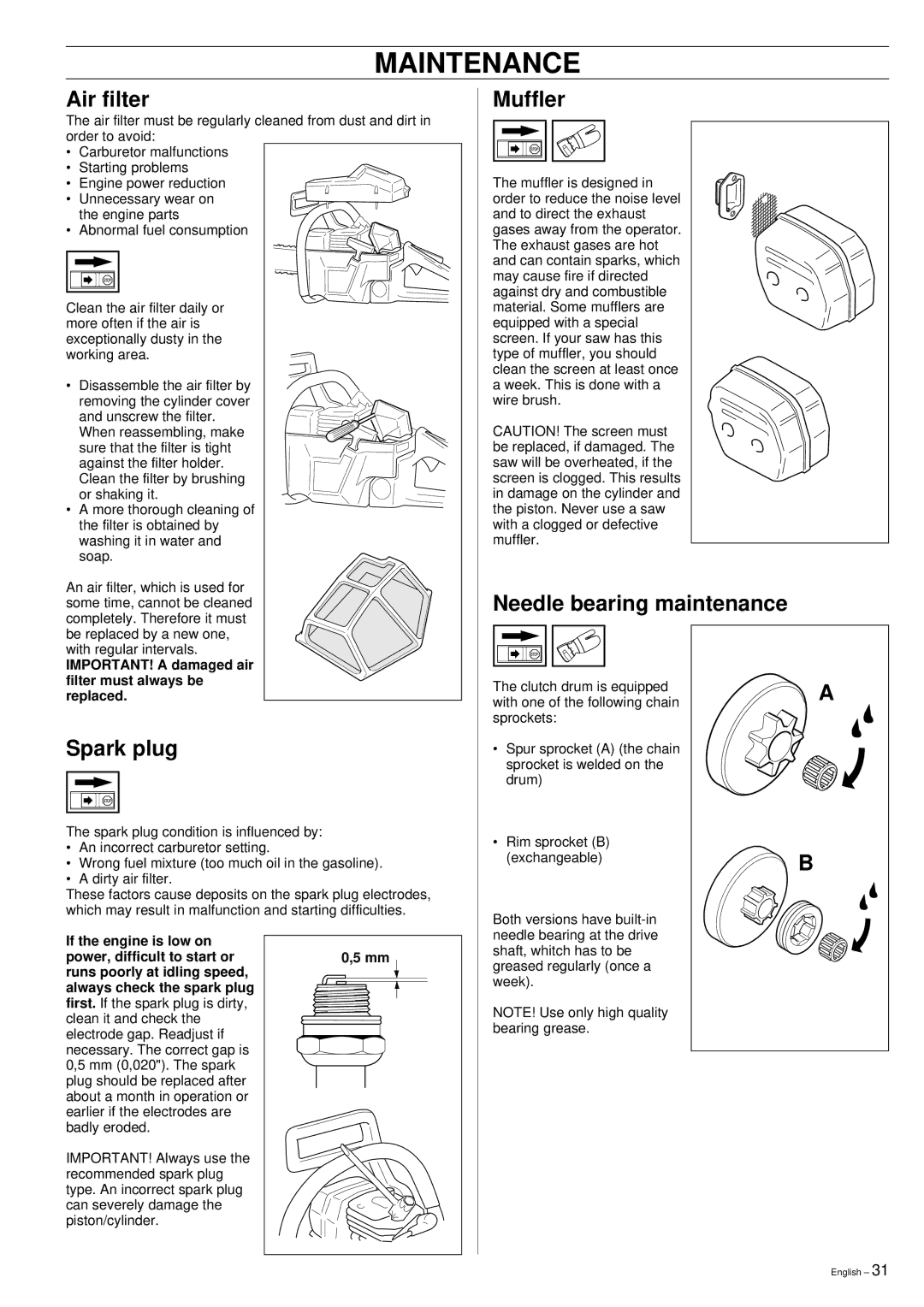 Husqvarna 51 manual Air filter, Muffler, Needle bearing maintenance, Spark plug 