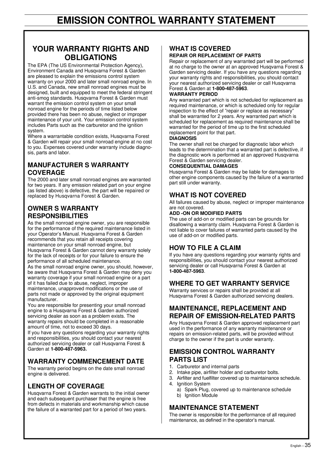 Husqvarna 51 manual Emission Control Warranty Statement, Your Warranty Rights Obligations 