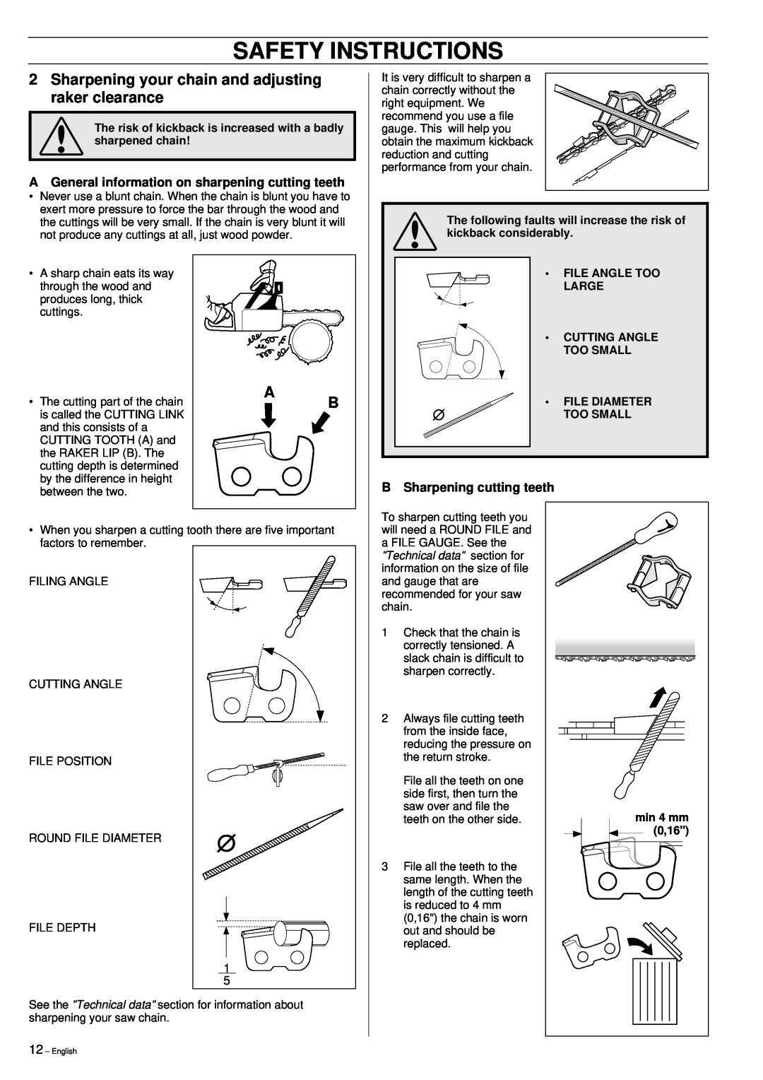 Husqvarna 51 manual Safety Instructions, AGeneral information on sharpening cutting teeth, B Sharpening cutting teeth 