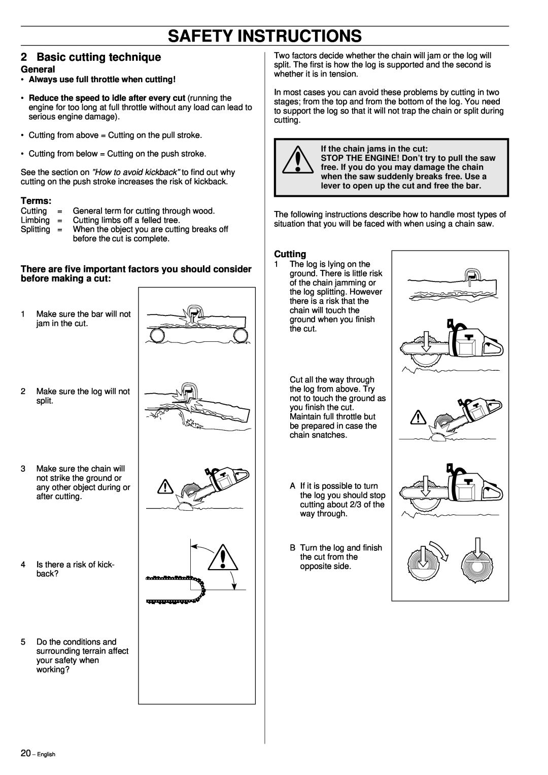 Husqvarna 51 manual Safety Instructions, Basic cutting technique, General, Terms, Cutting 