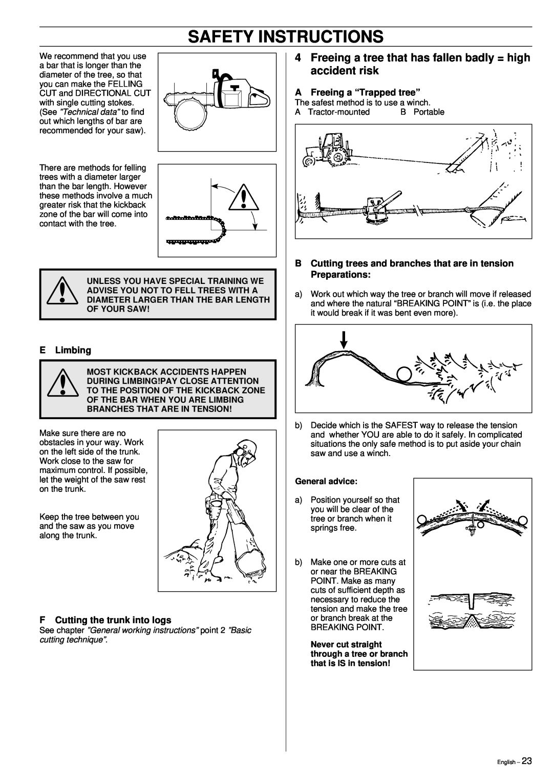 Husqvarna 51 manual Safety Instructions, E Limbing, F Cutting the trunk into logs, AFreeing a “Trapped tree” 