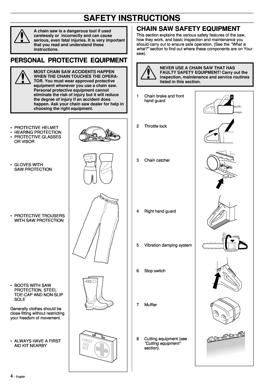 Husqvarna 51 manual Safety Instructions, Personal Protective Equipment, Chain Saw Safety Equipment 