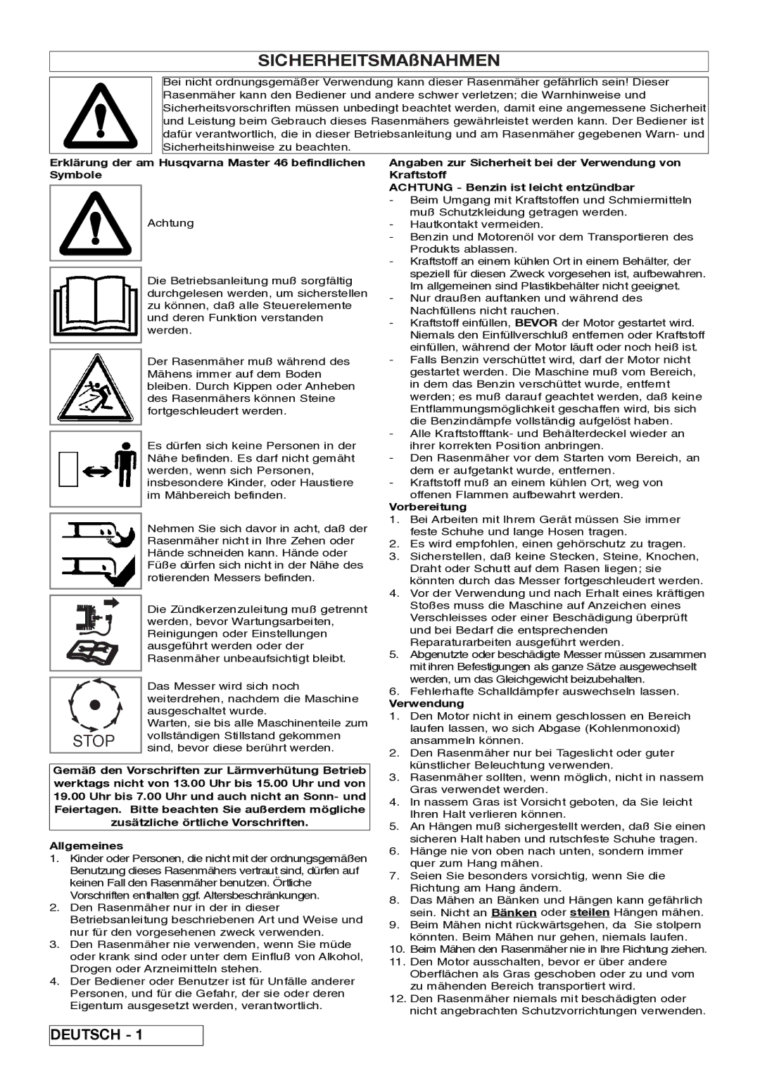 Husqvarna 5118761-06 Erklärung der am Husqvarna Master 46 befindlichen Symbole, Allgemeines, Vorbereitung, Verwendung 