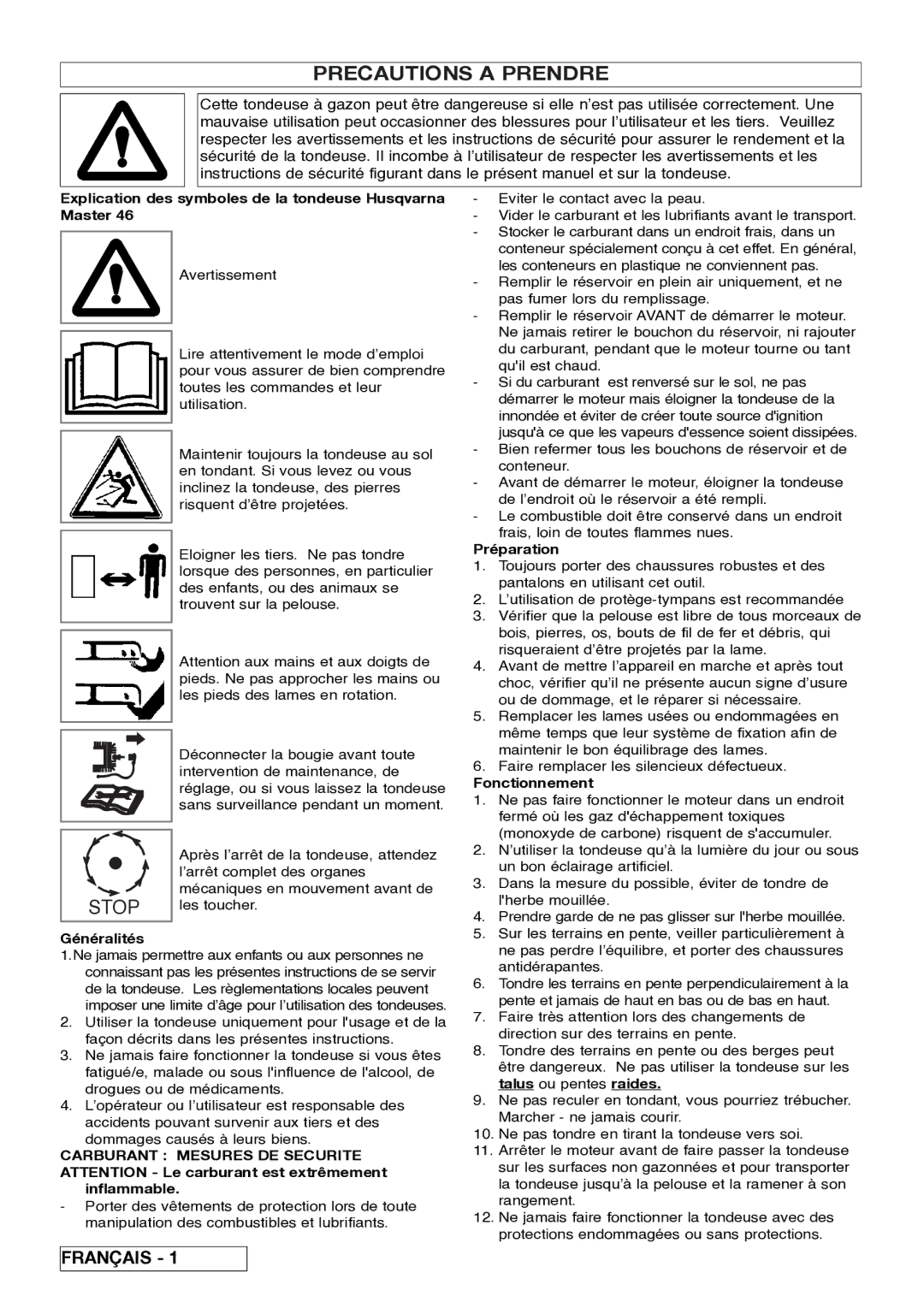 Husqvarna 5118761-06 manual Precautions a Prendre, Explication des symboles de la tondeuse Husqvarna Master, Généralités 