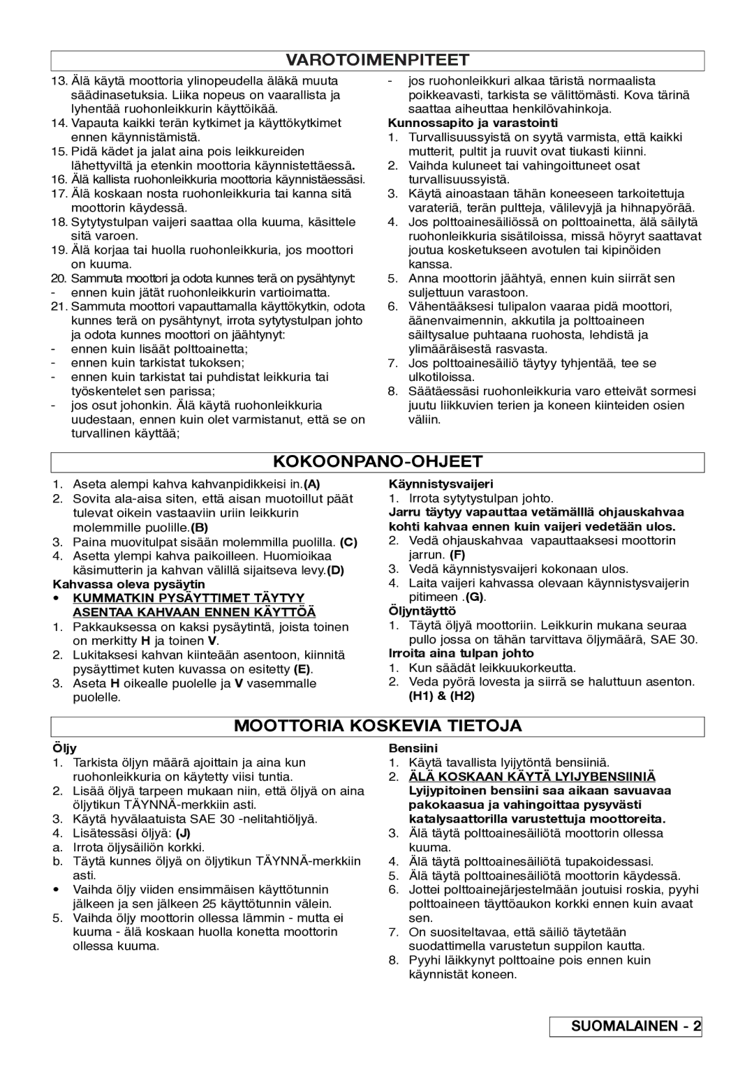 Husqvarna 5118761-06 manual Kokoonpano-Ohjeet, Moottoria Koskevia Tietoja 